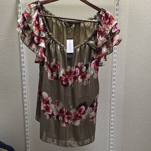 Banana Republic Olive Floral Ruffle Off-Shoulder Top